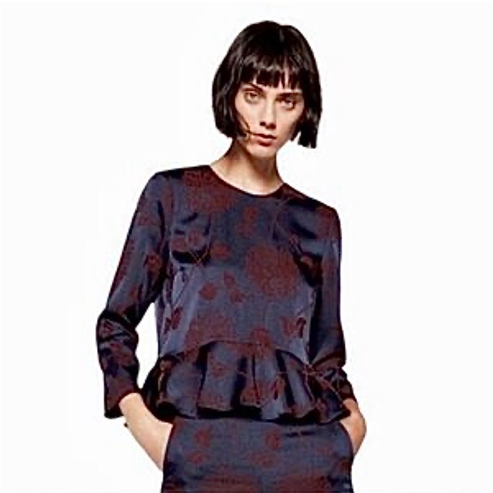 Zara navy floral jacquard peplum top